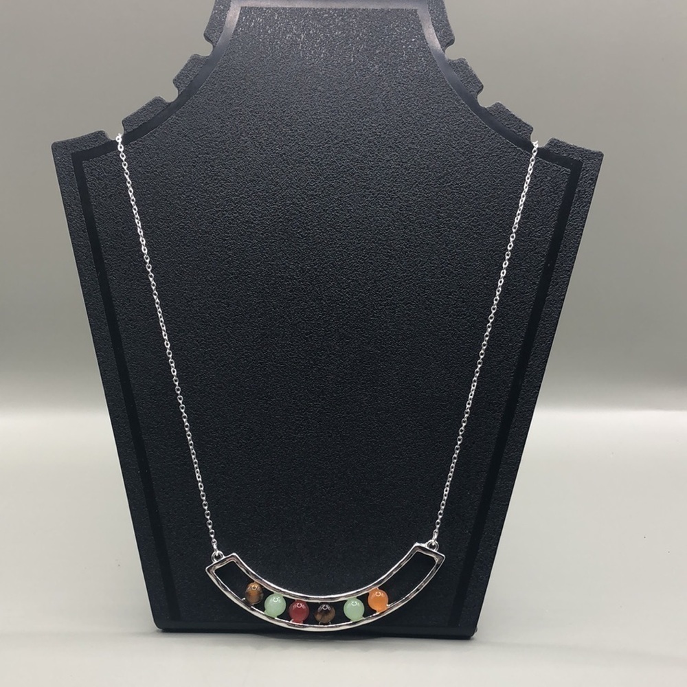 Colorful bead curved bar pendant silver chain necklace, trendy great to layer.